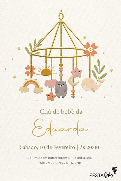 Modelo de Convite de Cha de fraldas - Mobiles e Mimos Convite Mobiles e Mimos grátis para editar