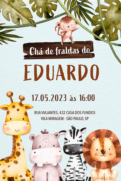 Modelo de Convite de Cha de fraldas - Moldura de Safari Convite Moldura de Safari grátis para editar