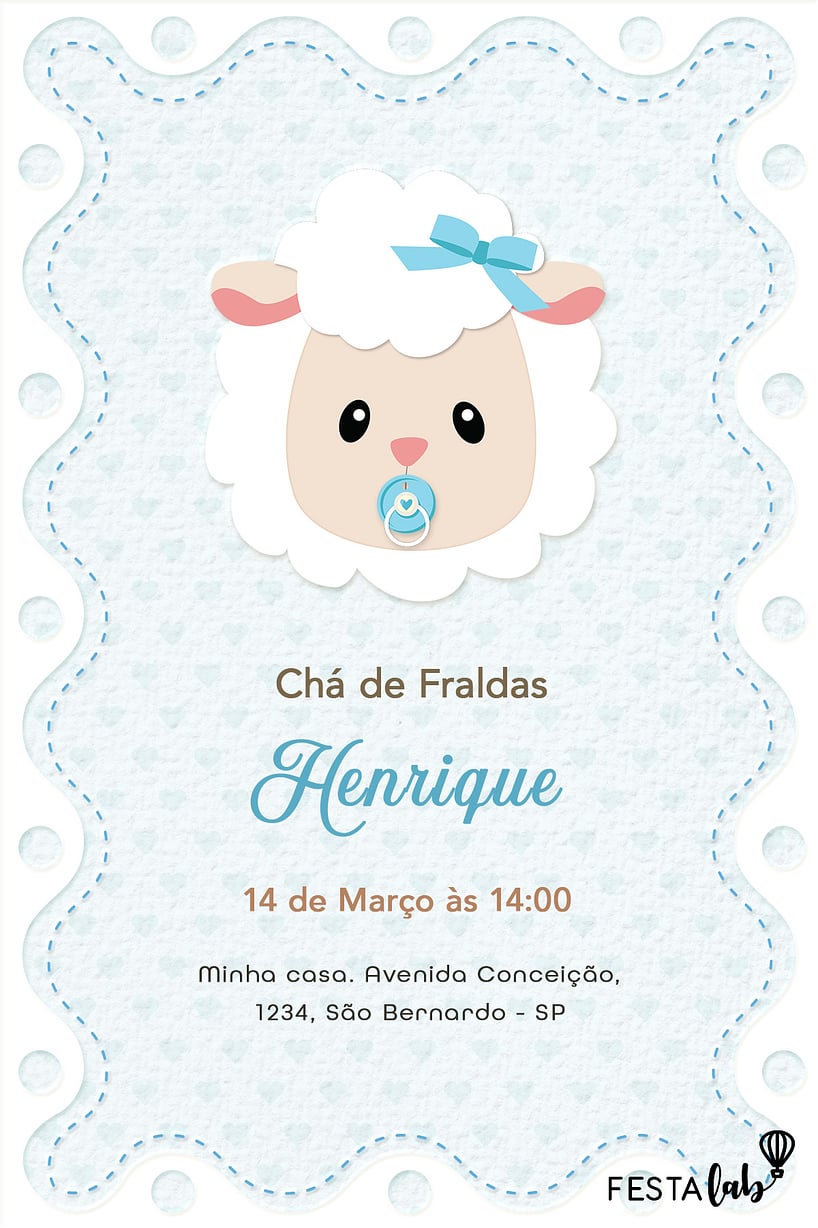 Criar convite de Chá de fraldas - Ovelhinha azul| FestaLab