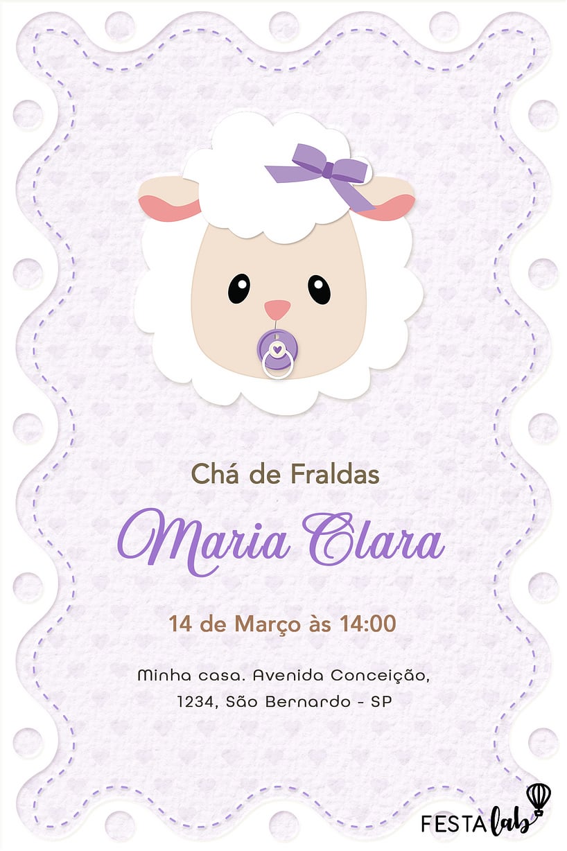 Criar convite de Chá de fraldas - Ovelhinha Lilas| FestaLab