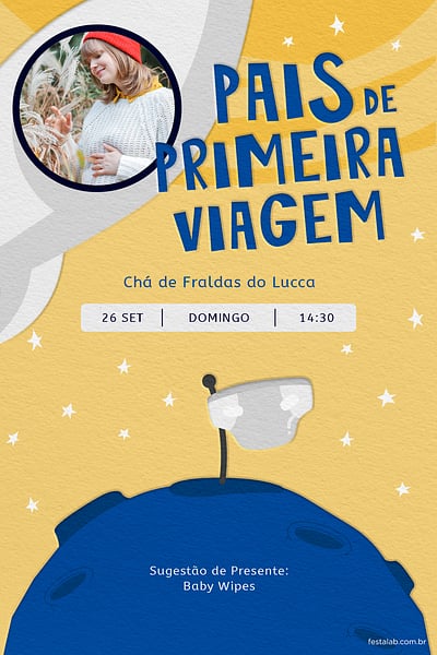 Modelo de Convite de Cha de fraldas - Pais de Primeira Viagem Amarelo Convite Pais de Primeira Viagem Amarelo grátis para editar