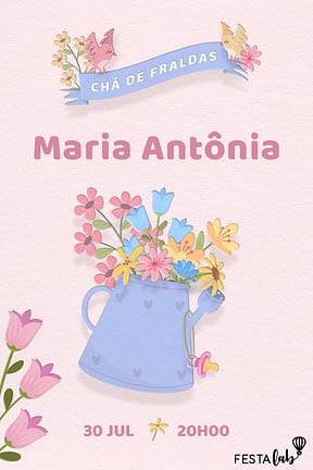 Modelo de Convite de Cha de fraldas - Regador com Flores Convite de Cha de fraldas - Regador com Flores