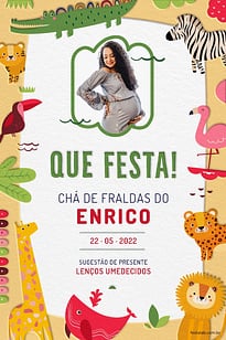 Modelo de Convite de Cha de fraldas - Safari baby colorido com laranja Convite Safari baby colorido com laranja grátis para editar