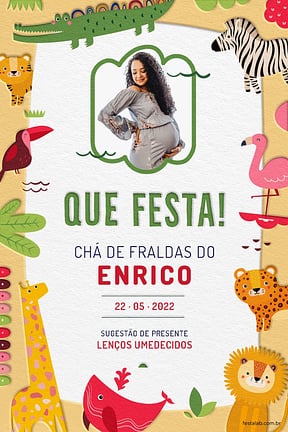 Modelo de Convite de Cha de fraldas - Safari baby colorido com laranja Convite de Cha de fraldas - Safari baby colorido com laranja