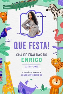 Convite Safari Baby Colorido com Roxo grátis para editar