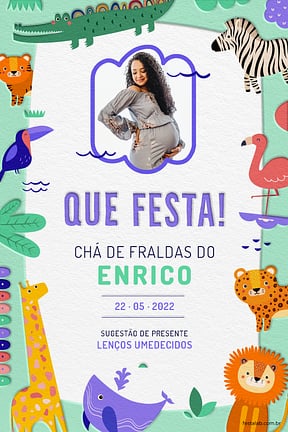 Modelo de Convite de Cha de fraldas - Safari Baby Colorido com Roxo Convite de Cha de fraldas - Safari Baby Colorido com Roxo