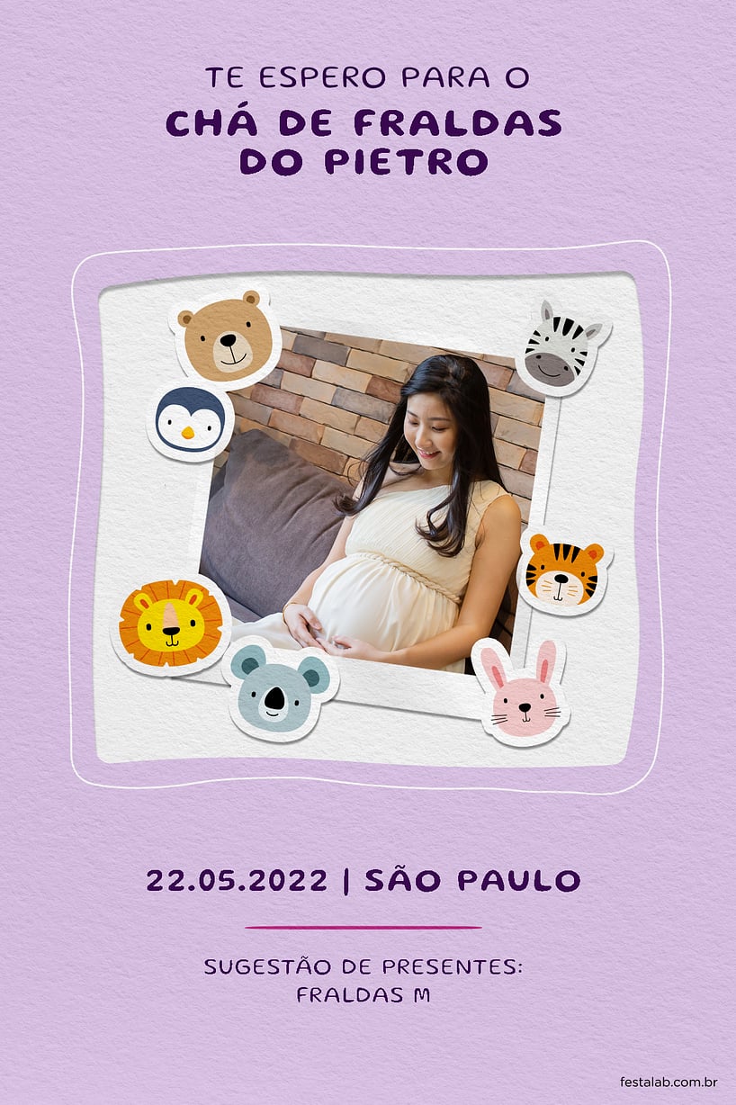 Convite de Cha de fraldas - Safari Baby lilas
