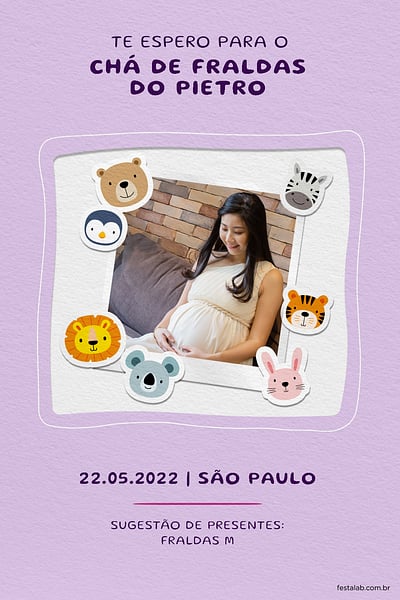 Modelo de Convite de Cha de fraldas - Safari Baby lilas Convite Safari Baby lilas grátis para editar