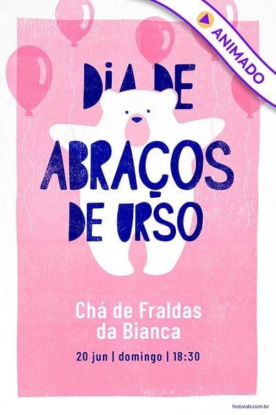 Convite Ursinho com balões Rosa grátis para editar