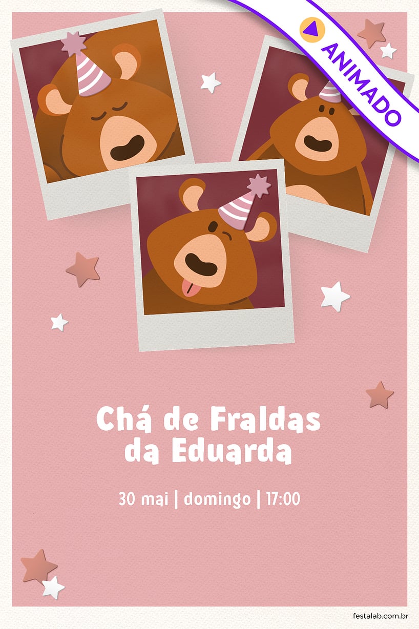Convite de Cha de fraldas - Ursinho Festa Rosa