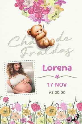 Modelo de Convite de Cha de fraldas - Ursinho Florido Convite de Cha de fraldas - Ursinho Florido
