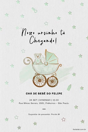 Modelo de Convite de Cha de fraldas - Ursinho no Carrinho Convite de Cha de fraldas - Ursinho no Carrinho