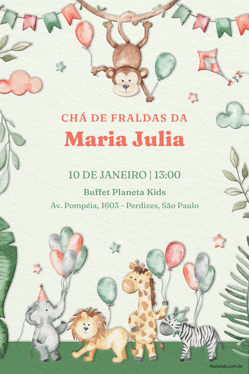 Convite de Cha de fraldas - Zoologico rosa