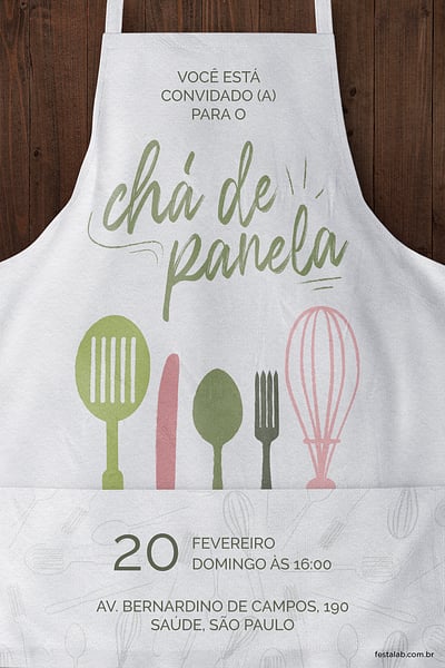 Modelo de Convite de Cha de panela - Avental Convite Avental grátis para editar
