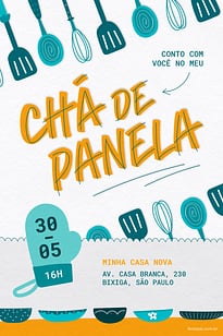 Modelo de Convite de Cha de panela - Utensilios Azul Convite Utensilios Azul grátis para editar