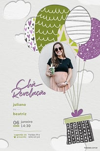 Modelo de Convite de Cha revelacao - Balao Candy roxo e verde Convite Balão Candy roxo e verde grátis para editar