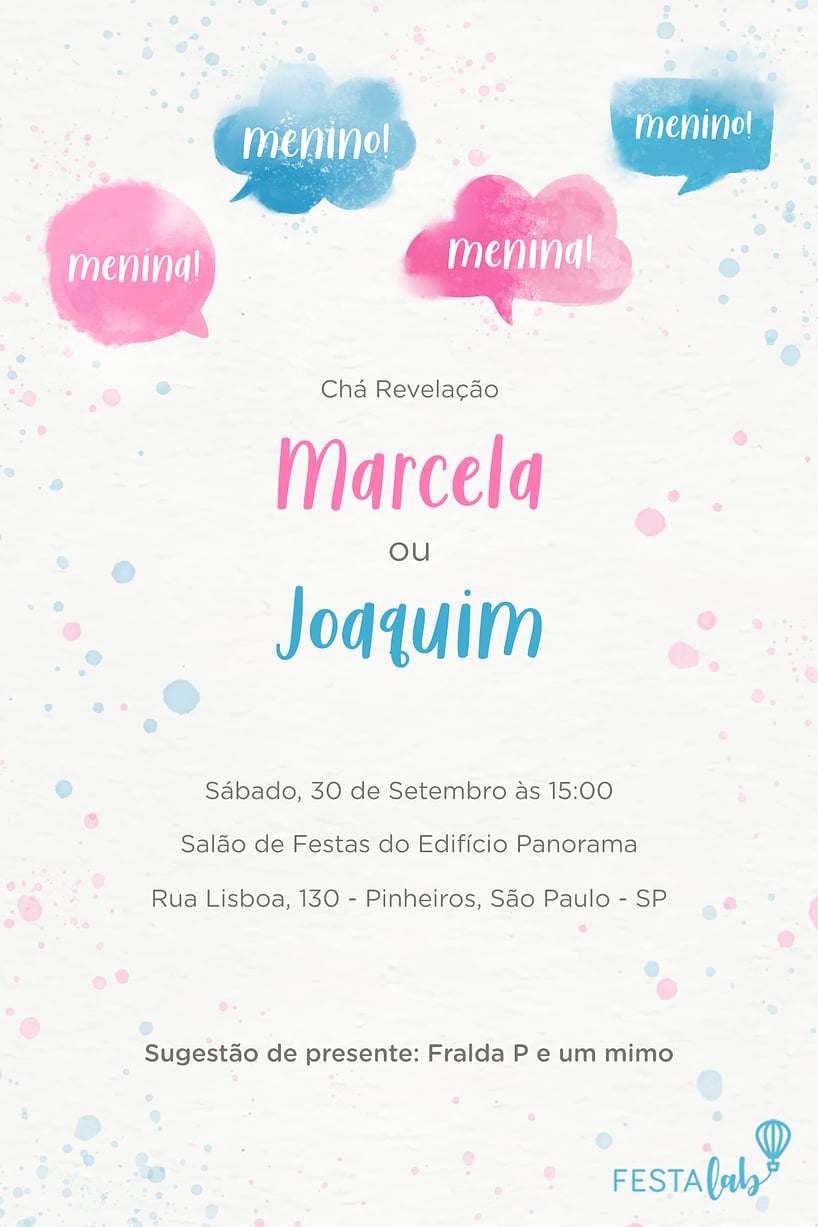 Convite de Cha revelacao - Baloes Aquarela
