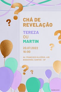 Modelo de Convite de Cha revelacao - Baloes lilas Convite Balões lilas grátis para editar
