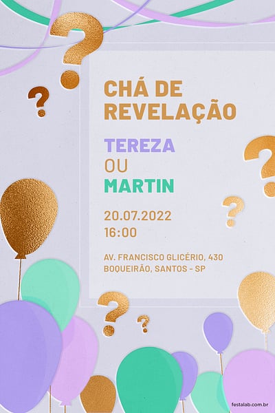 Modelo de Convite de Cha revelacao - Baloes lilas Convite Balões lilas grátis para editar