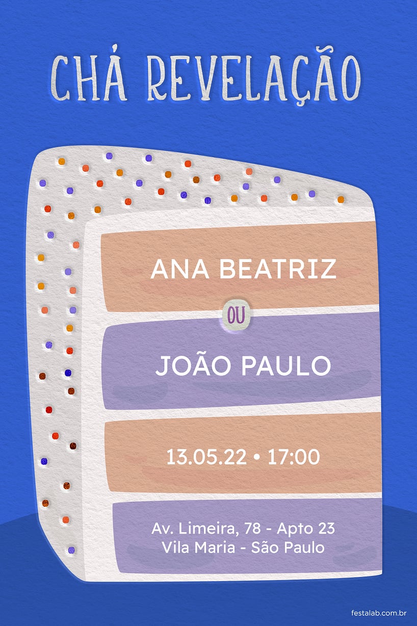 Convite Bolo Revelação azul grátis para editar