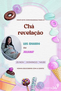 Convite Candy rosa revelação grátis para editar