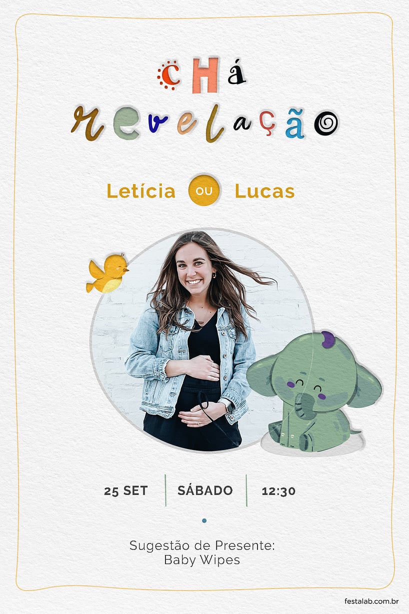 Modelo de Convite de Cha revelacao - Elefantinho Convite Elefantinho grátis para editar