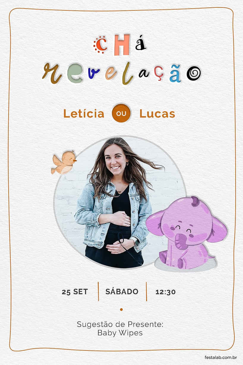 Modelo de Convite de Cha revelacao - Elefantinho roxo Convite Elefantinho roxo grátis para editar