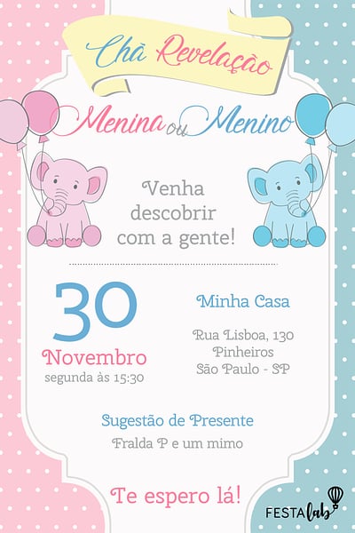 Modelo de Convite de Cha revelacao - Elefantinhos Convite Elefantinhos grátis para editar