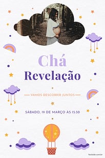 Modelo de Convite de Cha revelacao - Nuvens lilas Convite Nuvens lilas grátis para editar
