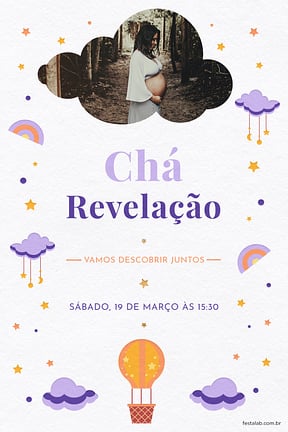 Modelo de Convite de Cha revelacao - Nuvens lilas Convite de Cha revelacao - Nuvens lilas