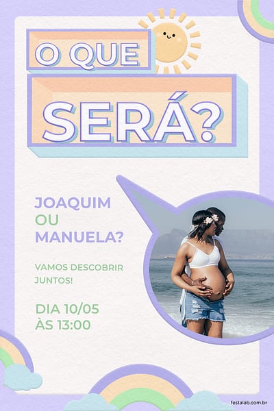 Modelo de Convite de Cha revelacao - O que sera? Lilas Convite O que será? Lilas grátis para editar