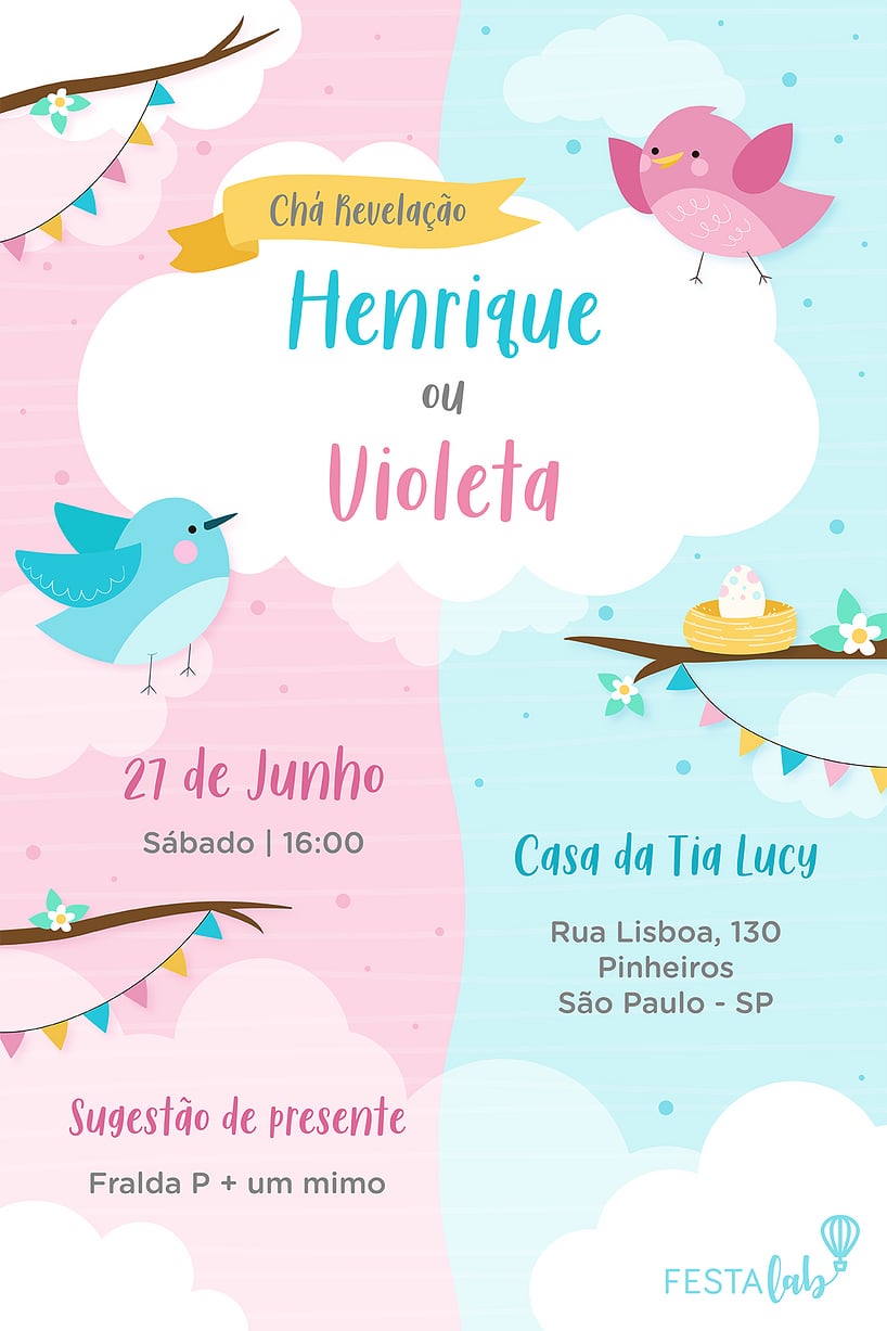 Convite de Cha revelacao - Passarinhos