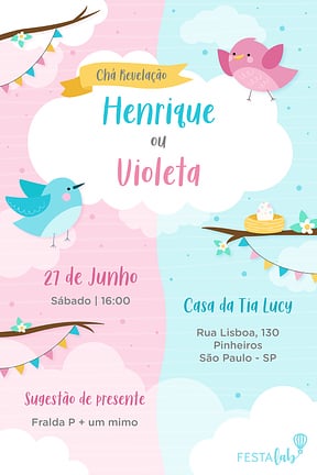 Modelo de Convite de Cha revelacao - Passarinhos Convite de Cha revelacao - Passarinhos