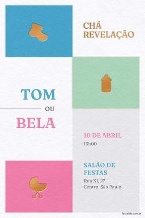 Modelo de Convite de Cha revelacao - Quadrinhos azul e rosa Convite de Cha revelacao - Quadrinhos azul e rosa