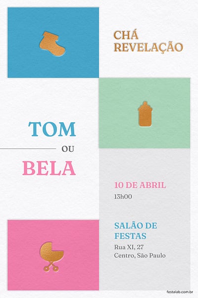 Modelo de Convite de Cha revelacao - Quadrinhos azul e rosa Convite Quadrinhos azul e rosa grátis para editar
