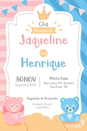 Modelo de Convite de Cha revelacao - Festa do Ursinho Convite de Cha revelacao - Festa do Ursinho