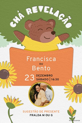 Convite de Cha revelacao - Ursinho e os Girassois
