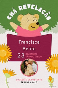 Modelo de Convite de Cha revelacao - Ursinho e os Girassois amarelo Convite Ursinho e os Girassóis amarelo grátis para editar