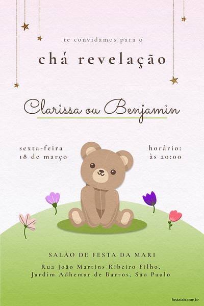 Modelo de Convite de Cha revelacao - Urso rosa Convite Urso rosa grátis para editar