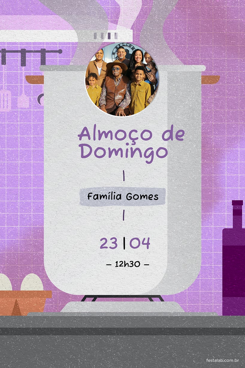 Convite Almoço deco roxo grátis para editar