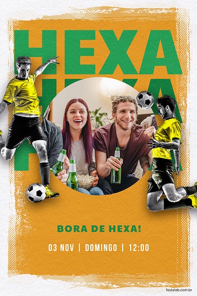 Modelo de Convite de Ocasioes especiais - Bora de Hexa amarelo Convite Bora de Hexa amarelo grátis para editar