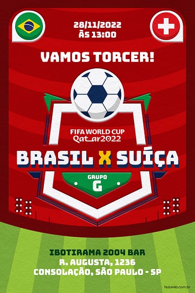 Modelo de Convite de Ocasioes especiais - Brasil x Suica Vermelho Convite Brasil x Suiça Vermelho grátis para editar