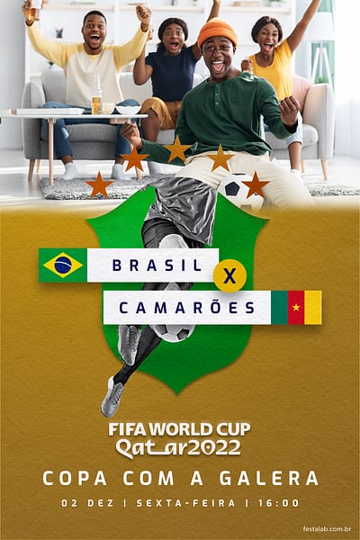 Modelo de Convite de Ocasioes especiais - Brasil x Camaroes Convite Brasil x Camarões grátis para editar
