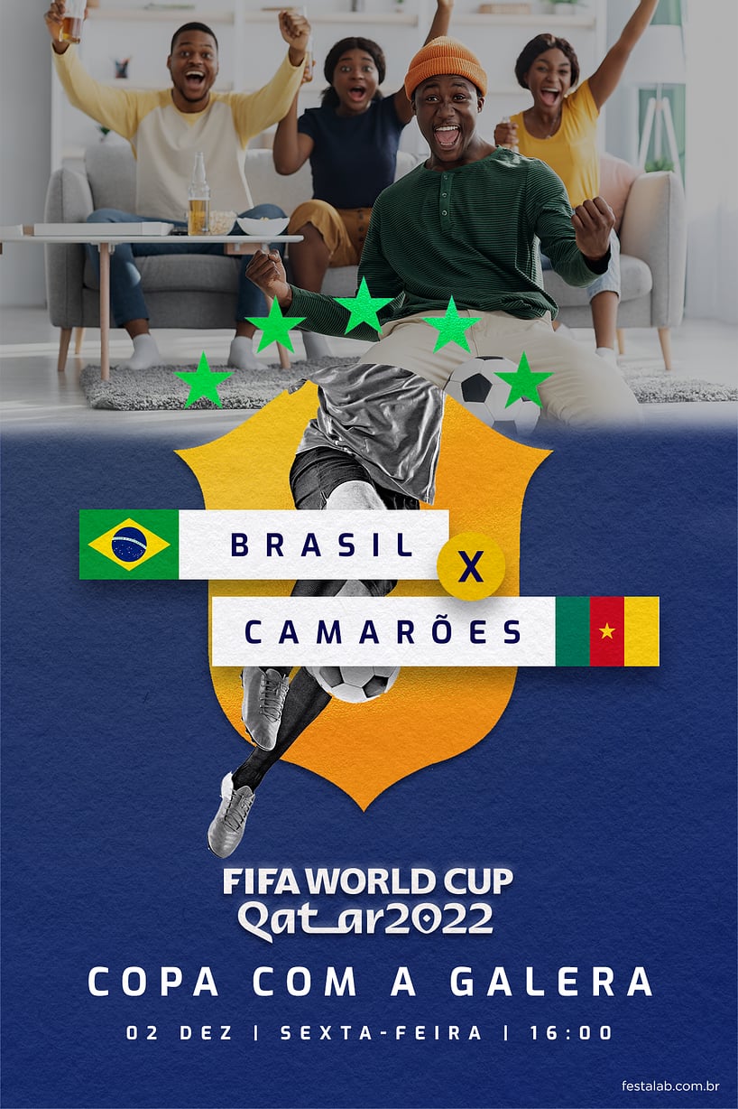 Convite Brasil x Camarões azul grátis para editar