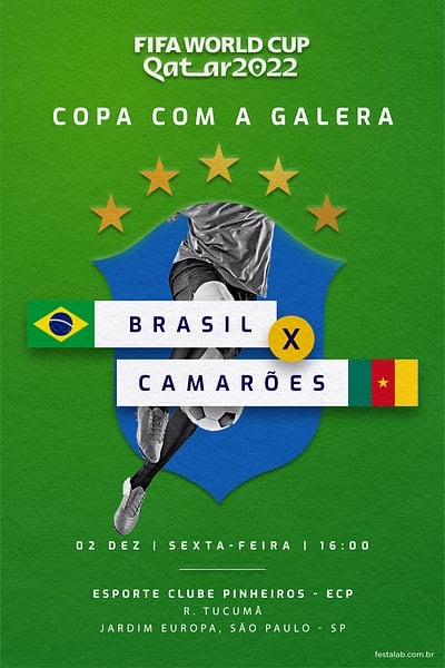 Modelo de Convite de Ocasioes especiais - Brasil x Camaroes verde Convite Brasil x Camarões verde grátis para editar
