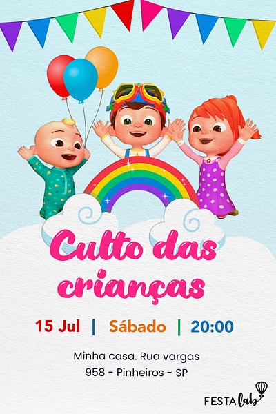 Criar convite de Ocasiões especiais - Cocomelon| FestaLab