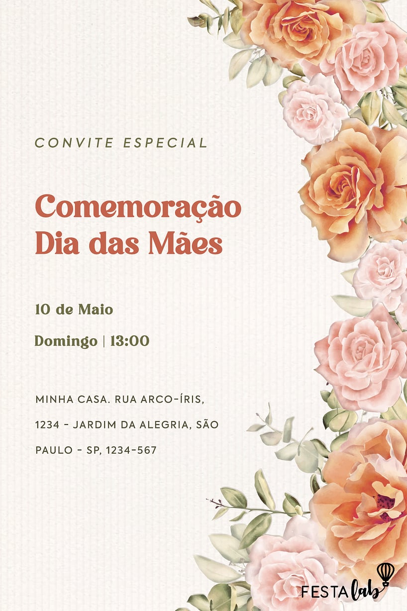 Criar convite de Ocasiões especiais - Dia das Mães Feliz| FestaLab