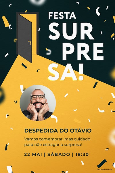 Modelo de Convite de Ocasioes especiais - Festa Surpresa amarela Convite Festa Surpresa amarela grátis para editar