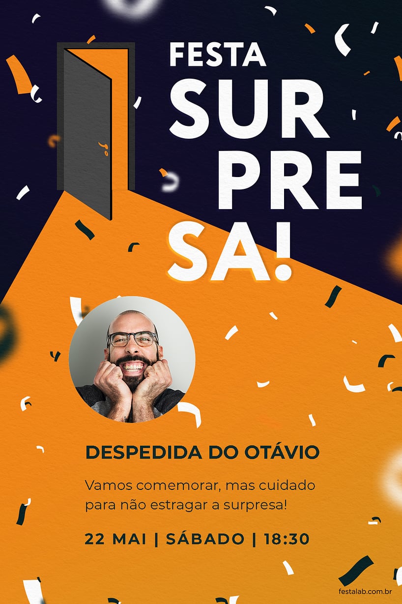 Convite Festa surpresa laranja grátis para editar
