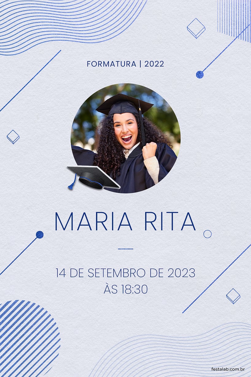 Criar convite de Ocasiões especiais - Formatura Minimalista azul| FestaLab